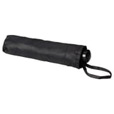 Foldable black umbrella with wrist strap, compact for easy carrying in bags.