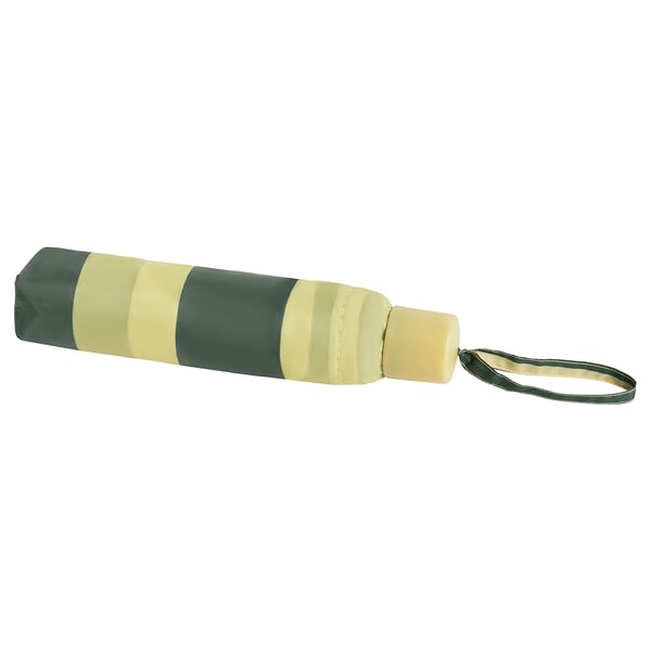 KNALLA green and beige striped folded umbrella with strap.