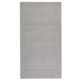 A light grey, rectangular rug with a sheen, made from recycled polyester, featuring a soft, thick pile.