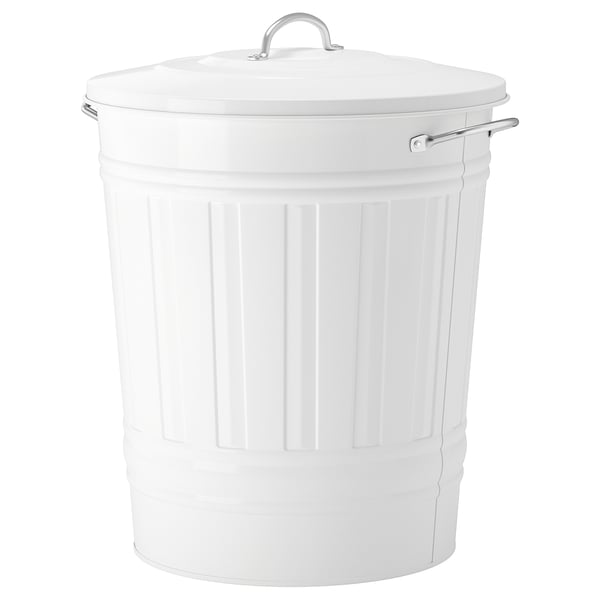 A large white KNODD storage bin with a lid and sturdy handles. It is cylindrical with vertical grooves and a hook for the lid.