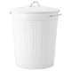 Option: A large white KNODD storage bin with a lid and sturdy handles. It is cylindrical with vertical grooves and a hook for the lid.