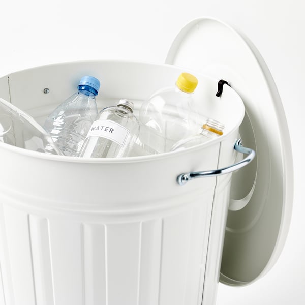 White storage bin with lid open, containing water bottles. Sturdy handles and a lid hook for easy use.