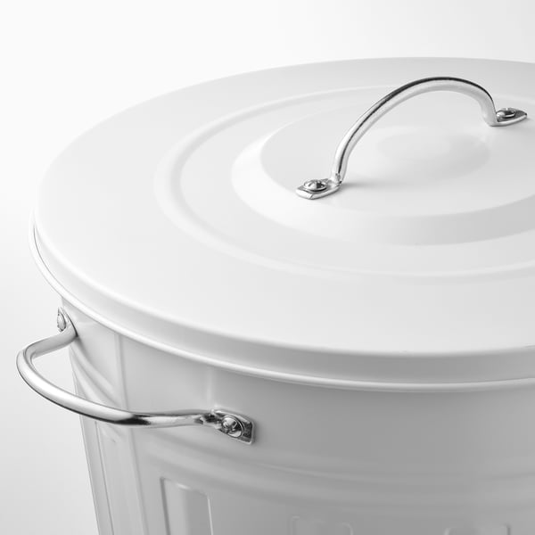 A white KNODD storage bin with handles and a lid in pristine condition.
