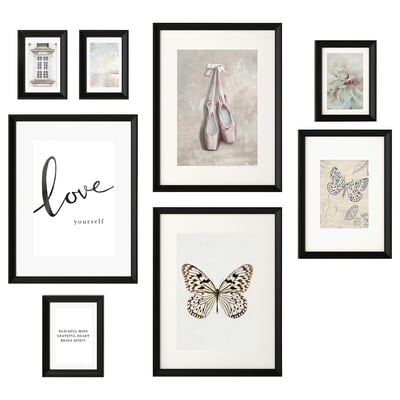 Eight black-framed pictures arranged in a gallery wall layout. Topics include ballet, butterflies, and inspirational quotes.