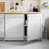 Modern kitchen with white cabinets, wooden countertop, integrated dishwasher, and sink.