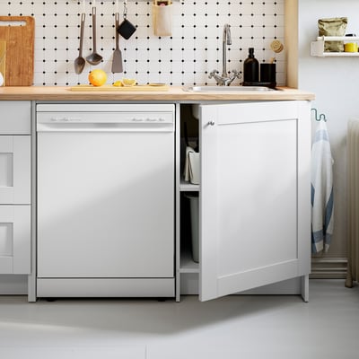 Modern kitchen with white cabinets, wooden countertop, integrated dishwasher, and sink.
