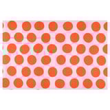 KÖRFÄLTSPIL mat: bright pink with large orange dots, rubber back, rectangular shape.