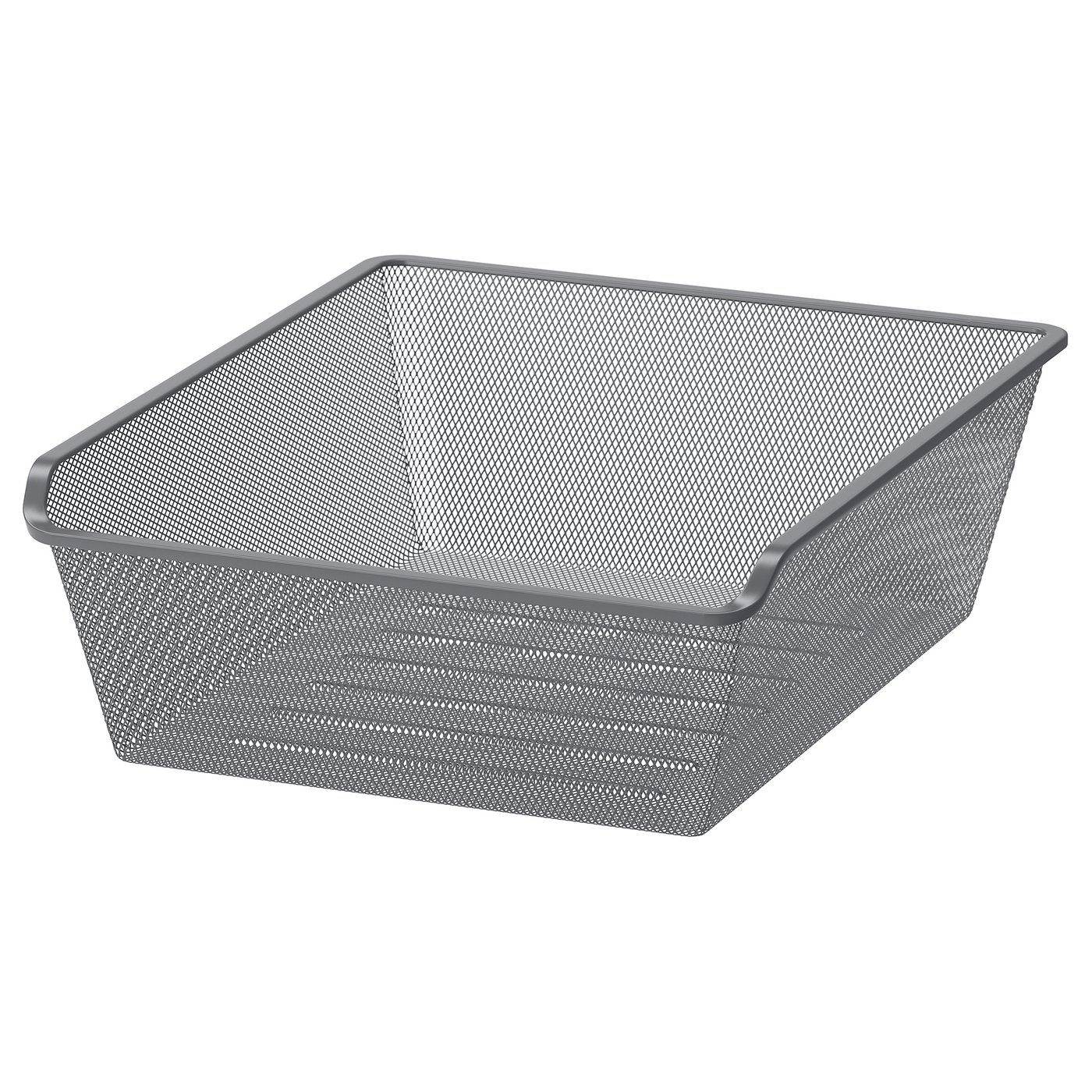 A KOMPLEMENT mesh storage basket, grey, made of steel with a powder coating. Its rectangular and designed for organising clothes and accessories.