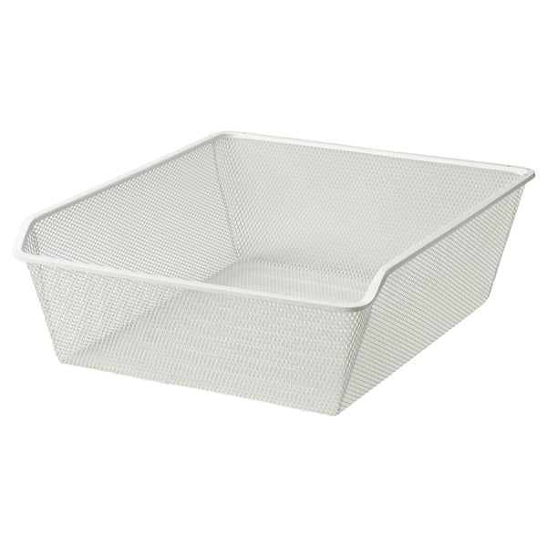A white, rectangular, mesh storage basket made of steel, designed for organizing and air circulation.