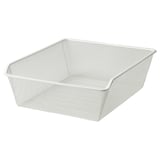 A white, rectangular, mesh storage basket made of steel, designed for organizing and air circulation.
