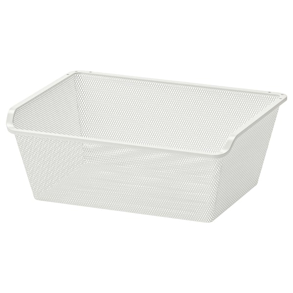 A white KOMPLEMENT mesh basket made of steel with a powder-coated finish, rectangular shape, and open top design.
