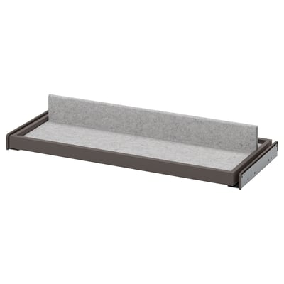 KOMPLEMENT gray pull-out drawer, modern design, felt lining, metallic frame, rectangular shape.