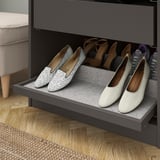 Dark drawer with gray liner holds various shoes; pulls out for easy access.