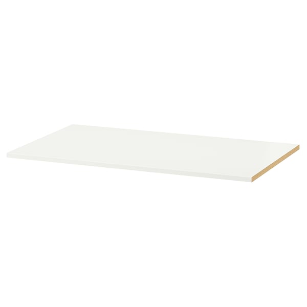 A KOMPLEMENT white shelf. Its rectangular, flat, and made of particleboard with paper foil. Ideal for organizing wardrobe storage.