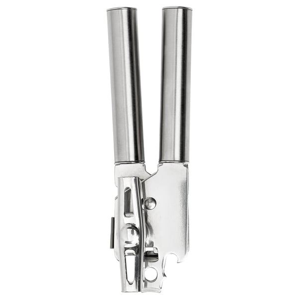 KONCIS stainless-steel can opener. Sturdy, silver tool for efficient can and bottle opening. Sleek, ergonomic design for comfortable use.