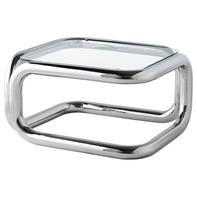 KONSTRUNDA chrome side table: sleek, steel frame, geometric shape, clear glass top, modern design.