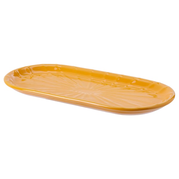 Yellow ceramic koparbjörk dish with sunburst patterns, decorative & functional.