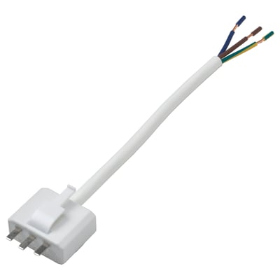 A KOPPLA earthed 3-pin lamp plug with a pre-mounted white cable. The plug is rectangular and has a dcl outlet. It is made of polyamide plastic.