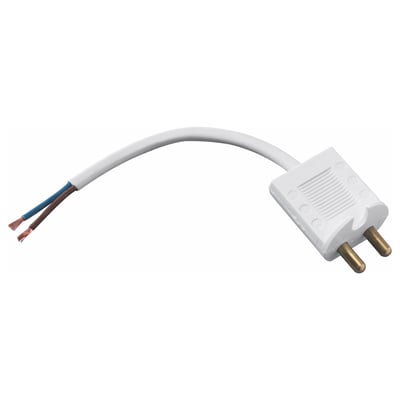 KOPPLA white electrical plug, two-prong, curved cable, plastic material.
