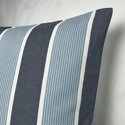 KORALLBUSKE pillow: square, dark/light blue/white stripes, cotton-jute blend, zipper closure.