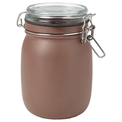 KORKEN jar, brown, glass with metal lid, round, frosted surface, airtight seal.