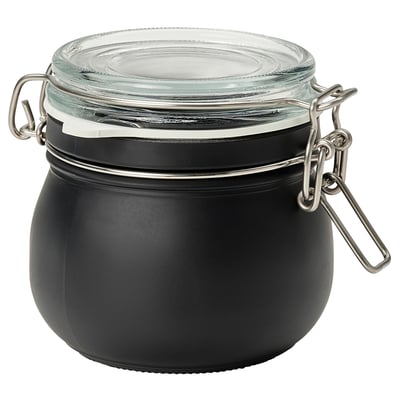 KORKEN glass jar, black with metal clasp, round shape, airtight lid.