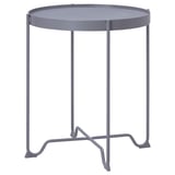 Round, gray KROKHOLMEN metal side table with mesh top and sturdy, wavy legs.