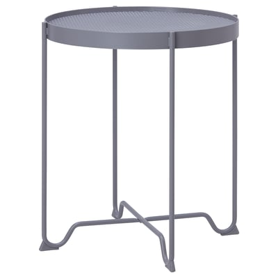 Round, gray KROKHOLMEN metal side table with mesh top and sturdy, wavy legs.