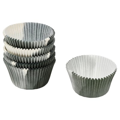 Two stacks of gray and white bakeware cupcake liners, made from bleached chlorine-free paper with silicone treatment, ruffled design.