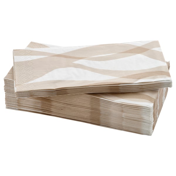 Stack of beige and white patterned, three-ply paper napkins, neatly arranged in a pile.