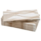Stack of beige and white patterned, three-ply paper napkins, neatly arranged in a pile.