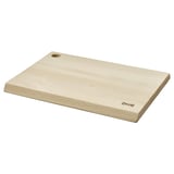 Brown beech wood cutting board with hanging hole and IKEA logo.