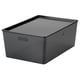 Option: A KUGGIS storage box in gray. Made of recycled pet plastic, it two handles and a sleek rectangular design.