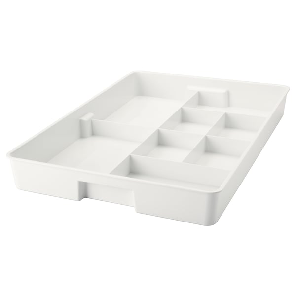 A white KUGGIS organizer tray, designed with multiple compartments for storage, made of recycled pet plastic.