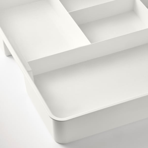 Clear white organizer with multiple compartments, pristine quality.