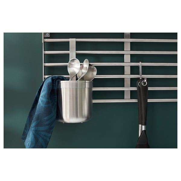 KUNGSFORS stainless steel kitchen organizer. Holds utensils and hangs on wall rail.