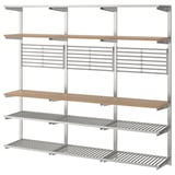KUNGSFORS metallic silver kitchen shelves: modern, modular, stainless steel with wooden shelves.