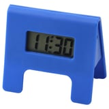 Bright blue alarm clock, neat design, digital display, plastic made, triangular shape.