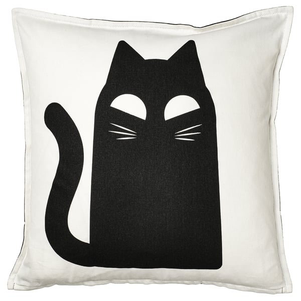 KUSTFYR black cat cushion, square, white cotton, simple cat design.