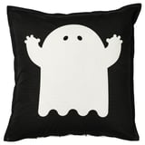 Halloween-themed pillow, black with white ghost design, square shape, cotton material.