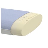 KVARNVEN cooling pillow. Side shows textured blue fabric, other side smooth beige foam. White piping edge.