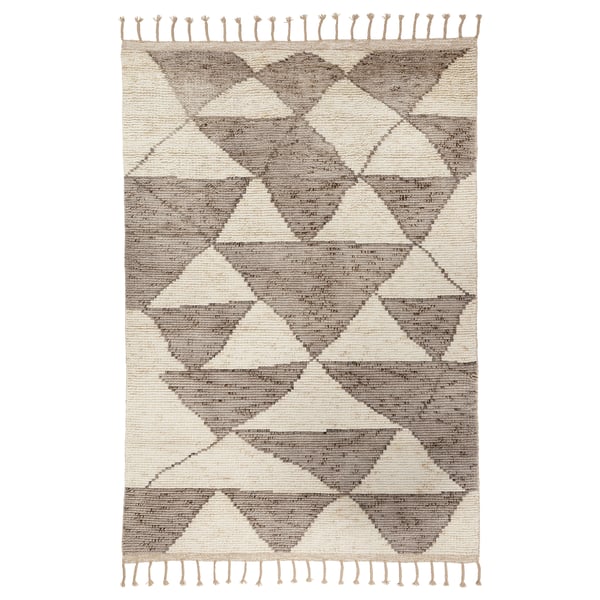 KVASTGRÄS rug: neutral sand dune pattern, beige & brown, hand-knotted wool, rectangular with fringes, geometric design.