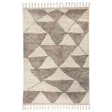 KVASTGRÄS rug: neutral sand dune pattern, beige & brown, hand-knotted wool, rectangular with fringes, geometric design.