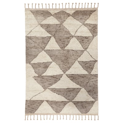 KVASTGRÄS rug: neutral sand dune pattern, beige & brown, hand-knotted wool, rectangular with fringes, geometric design.