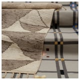 This image shows KVASTGRÄS rugs in neutral colors featuring geometric patterns. The rugs are hand-knotted with wool, cotton, and have braided fringes.