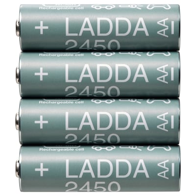 Four teal LADDA 2450 batteries stacked, pet plastic and steel.