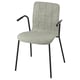 Modern gray fabric chair with black metal arms and legs, minimalist design.