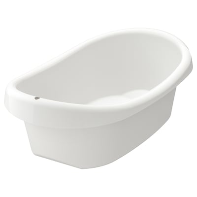 A white plastic LÄTTSAM baby bathtub. It has a sleek, curved design with soft edges and anti-slip bottom.