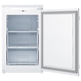 Image description: white small freezer with transparent drawers open.