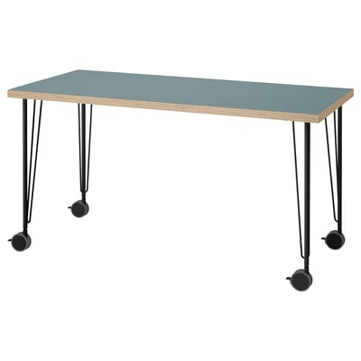 LAGKAPTEN blue desk with black metal legs, casters, and honeycomb-patterned edge, rectangular shape.